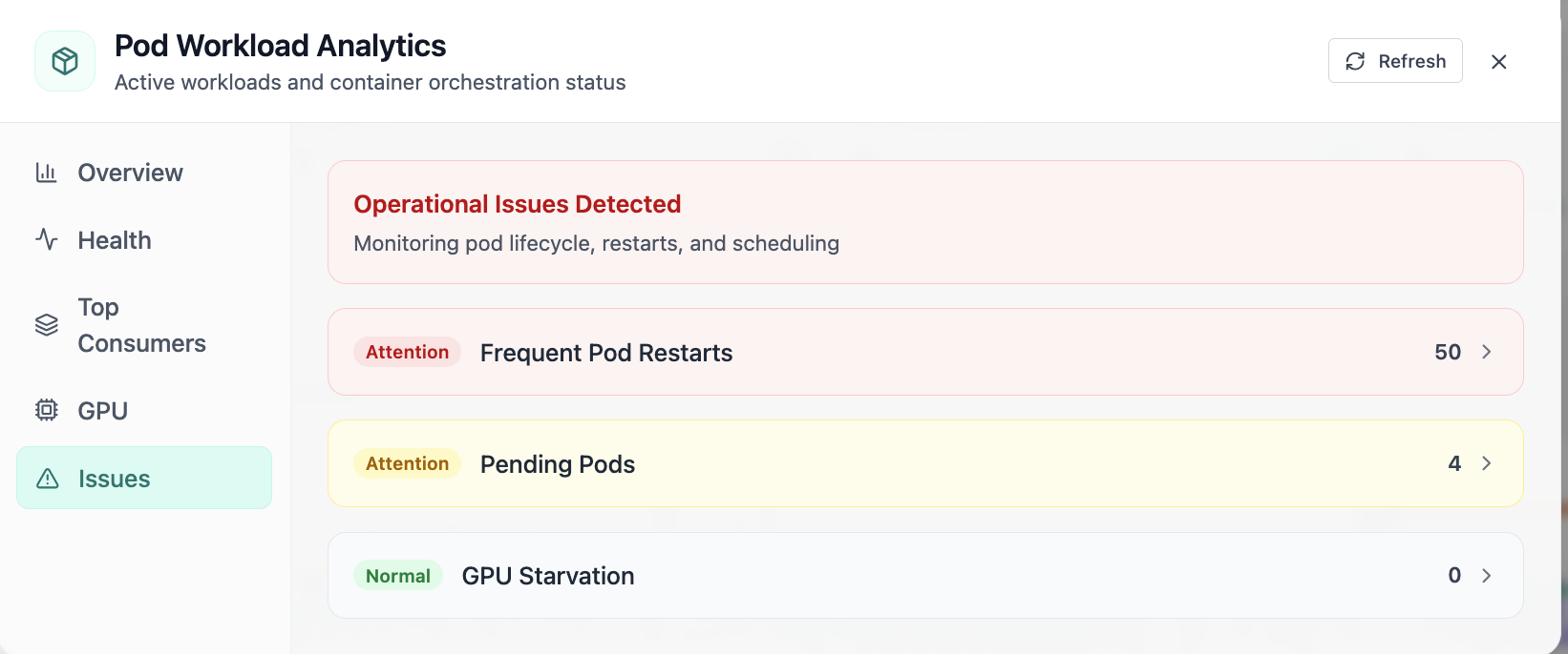 Pod issues: restarts, pending pods, and GPU starvation.